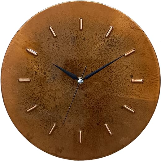 12 Inch Rusty Patina Real Copper Rustic Farmhouse Non-Ticking Silent Battery Operated Small Wall Clock for Living Room Wall Decor, Kitchen, Bedroom, Office (Black Colored Hands)