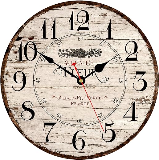 14 Inch Wall Clock Wooden French Country Style Silent Wall Clock Battery Operated Non Ticking Quality Round Quartz Wall Clocks Easy to Read Home Decorative Vintage Wall Clock