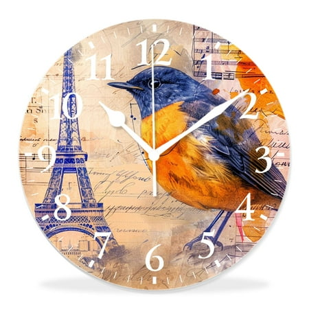 14 Inch Wall Clock Battery Operated Silent Clock Decorative for Office, Kitchen, Outdoor, Living Room，Retro Vintage Paris Eiffel Tower Bird on Purple Flower Beautiful