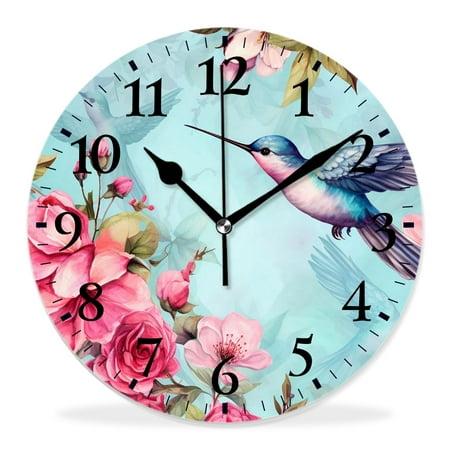 14 Inch Wall Clock Battery Operated Silent Clock Decorative for Office, Kitchen, Outdoor, Living Room，Watercolor Rose Lily Flower Hummingbird Tropical Bird Drawing