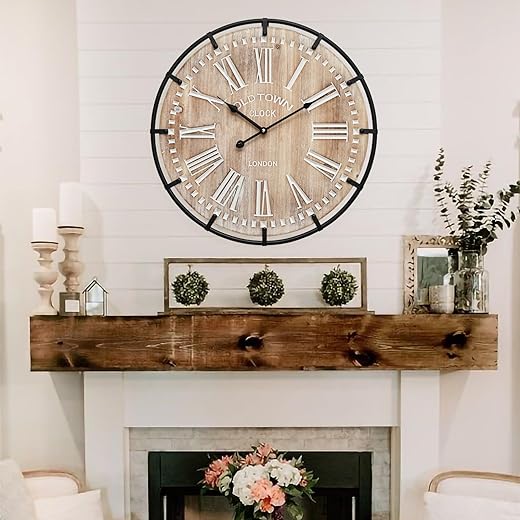 20 Inch Large Farmhouse Wall Clock, Rustic Antique Wood with Metal Circle and Large Engraved Numerals, Silent Battery Operated Wall Clock for Office Kitchen Bedroom Living Room