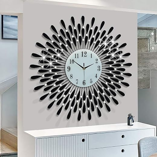 28.0 INCH Wall Clock for Living Room Decor,Non-Ticking Quiet Metal Petals Dial Glass Big Wall Clocks Black for Bedrooms Kitchen and Small Space Decoration