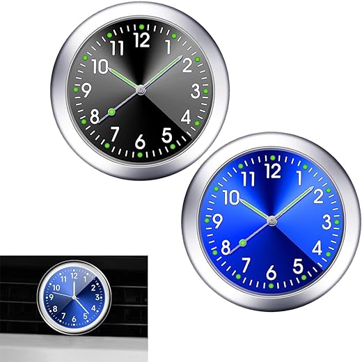 2 PCS Mini Car Clock for Dashboard, 1.5In Durable Metal Vehicle Luminous Clock with Adhesive, Universal Decorative Automotive Watch Accessories for Home Boat Truck SUV Car (Blue & Black)