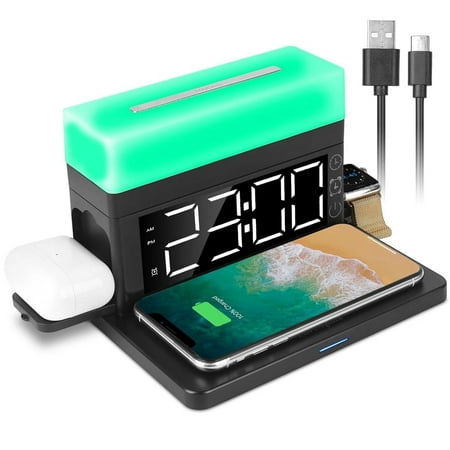 3-In-1 15W Fast Wireless Charging Station Dock 7-Color Flashing Alarm Clock Lamp