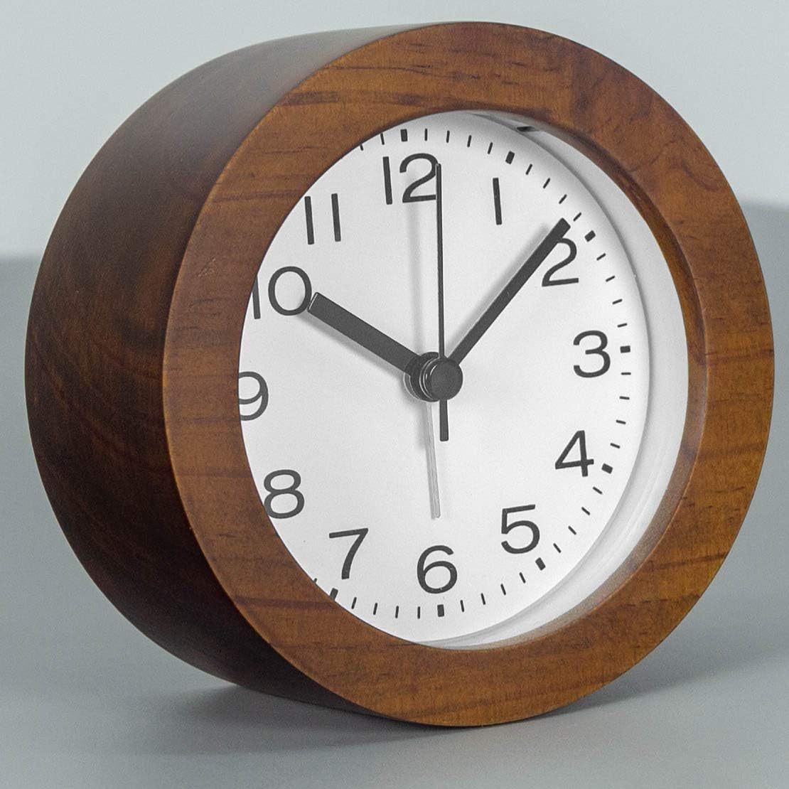 3-Inches Round Wooden Alarm Clock with Arabic Numerals, Non-Ticking Silent, Backlight, Battery Operated, Brown