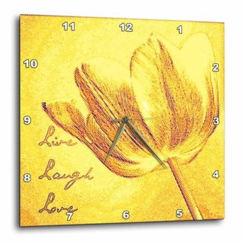 3dRose Yellow Tulip Sketch- Flowers- Inspirational Words- Live, Laugh, Love - Wall Clock, 10 by 10-inch