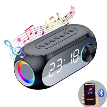 BLUELK Digital Alarm Clock with Bluetooth Speaker, Dual Alarm, Temperature Detect, USB Charger, Mirror LED Display, FM Radio