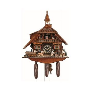 Cuckoo Clock Black Forest house with 2 moving wood choppers and mill wheel