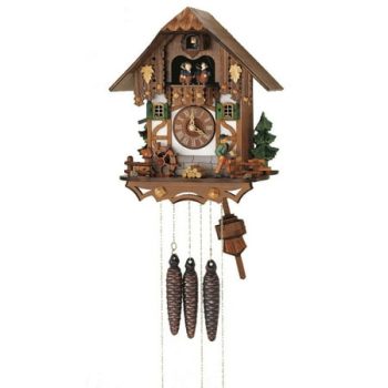 Cuckoo Clock Black Forest house with moving wood chopper and mill wheel