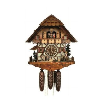 Cuckoo Clock Black Forest house with moving wood chopper and mill wheel