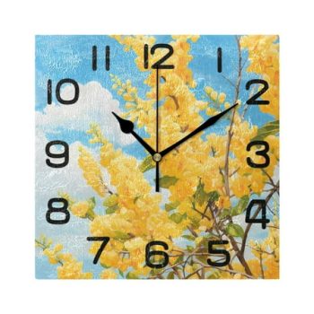 Floral Yellow Wall Clock Square Silent Non-Ticking Battery Operated Retro 7.78 Clock Home Kitchen Office Decoration