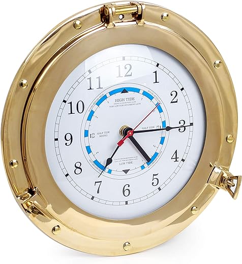 Nagina International 12 Solid Brass Porthole Tide & Time Clocks | Fully Functional Tidal Movement Prediction Clock | Moon Tidal Movement Indicator