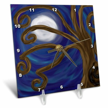 3dRose Spiral Tree Abstract Moon Night Digital Art, Desk Clock, 6 by 6-inch