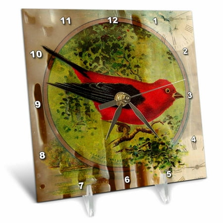 3dRose Vintage Red Bird Mixed Media Digital Art by Angelandspot - Desk Clock, 6 by 6-inch