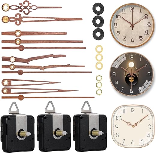 3 Pieces Quartz Clock Mechanism Replacement Kit Long and Short Shaft Length with 4 Types of Walnut Wood Clock Hands DIY Clock Repair Parts (Total Shaft Length 16mm,20mm,23mm)