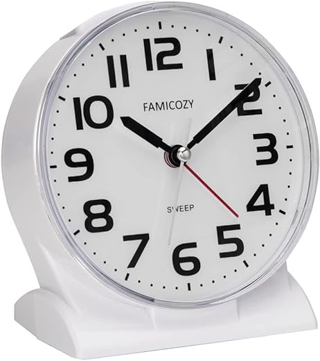 4.5" No Ticking Analog Alarm Clock,Silent Readable for Seniors,Easy to Set,Gradual Rise Alarm,Big Numbers,On/Off Switch on Side,Gentle Wake,Snooze Soft Backlight,Battery Operated,White