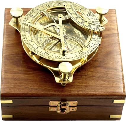 4.5 Vintage Brass Compass with Sundial - Directional Magnetic Navigation Tool with Wooden Case