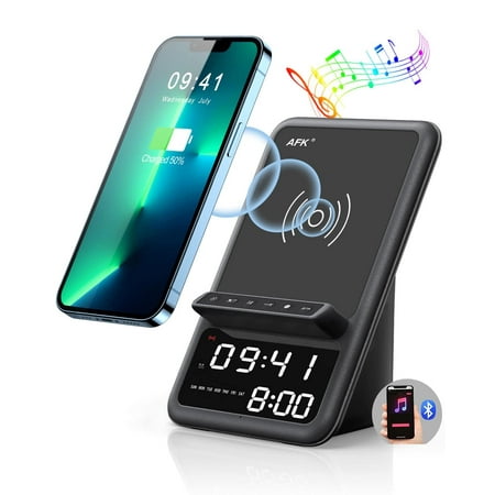 4 in 1 Wireless Charger Base, Wireless Charging Station with Bluetooth Speaker and Alarm Clock, Sleep Timer Charging Station, for iPhone Android (Black)