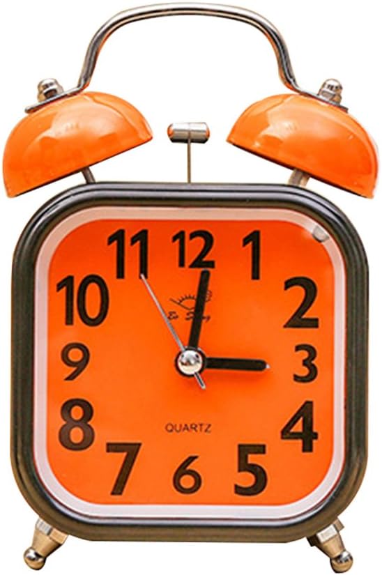 4” Twin Bell Alarm Clock, Loud Orange Home Alarm Clock with Nightlight, Non Ticking for Bedroom