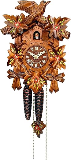 522-6 Engstler Weight-Driven Cuckoo Clock-Full Size-9.25" H x 6.75" W x 5.5" D, Brown