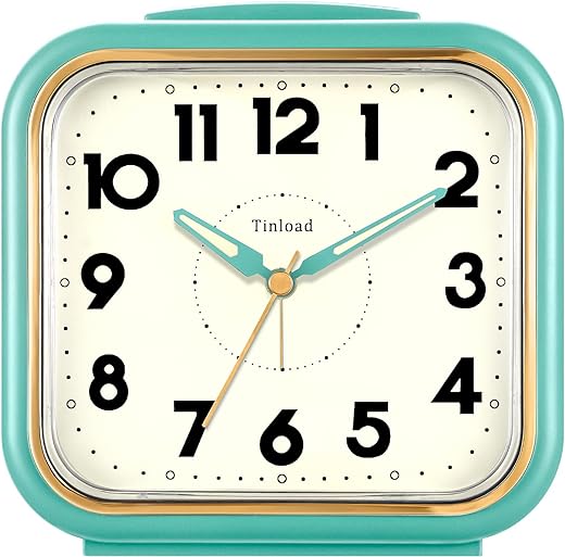 5.5" Silent Analog Alarm Clock • Non Ticking • Gentle Wake • Beep Sounds • Increasing Volume • Battery Operated Snooze and Light Functions • Retro Green