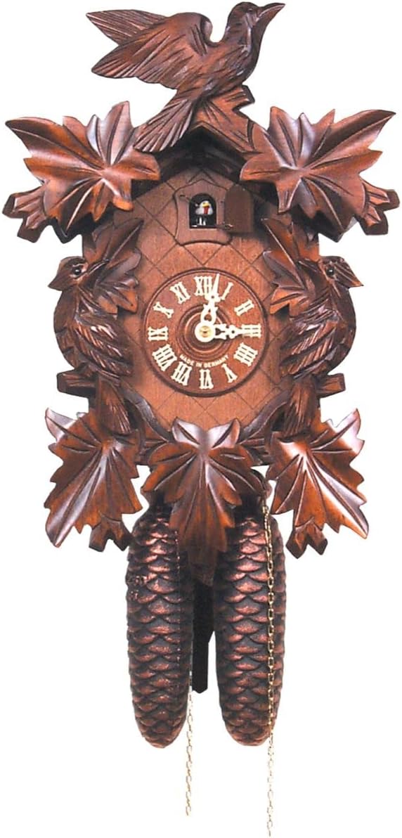 632-8 Engstler Cuckoo Clock, Carved with 8-Day Weight Driven Movement-Full Size-14 H x 9.5" W x 6" D, Brown