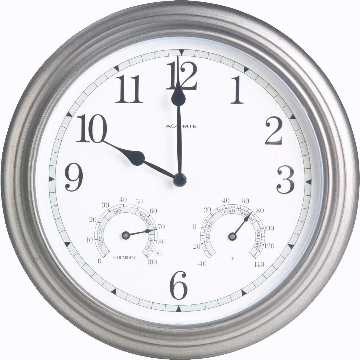 AcuRite 14-inch Indoor/Outdoor Wall Clock with Thermometer and Hygrometer, Pewter