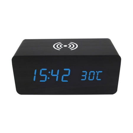 Advanced Digital Wooden Alarm Clock With Wireless Charging Function 3 Alarm LED Displays Multi-Functions Wooden Clock Black and blue letter