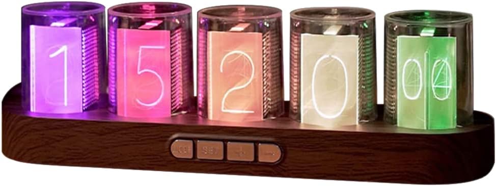 Adventurers Simulation Nixie Tube Clock, RGB Desk Clock, LED Tube Desk Clock with Imitation Wood Base & 24 Hour Clock, Suitable for Decorating Under Computer Monitor & on Bedside Table in Bedroom