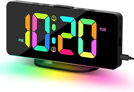 ALANAS Digital Alarm Clock for Bedroom, RGB Clock with Color Changing Night Lights, Dual Alarms with Snooze, Dimmer, Adjustable Alarm Volume, Dual USB and Type-C Charging Ports, Electronics Clocks.