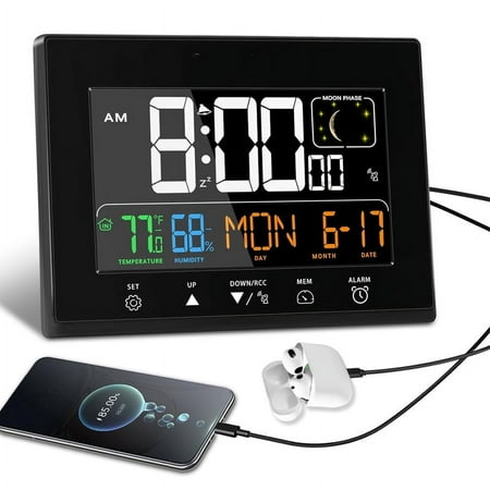 Alarm Clocks for Bedrooms with Battery Backup, HD Color Display Atomic Lock with Backlight, 2 USB Ports, Indoor Temperature and Humidity, Moon Phases, Time, and Calendar