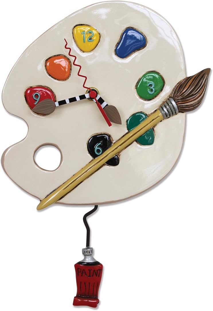 Allen Designs "Art Time" Whimsical Artist Palette Pendulum Wall Clock ,13x8.5 inches ,White, Red