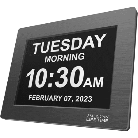 American Lifetime, Premium Version, Day Clock Extra Large Impaired Vision Digital Clock with Battery Backup and 5 Alarm Options, Limited Edition Black Polished Metal Frame