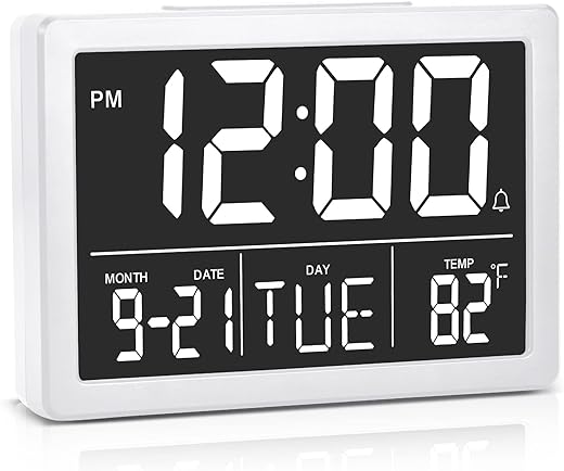 Amgico Digital Alarm Clock with Snooze, Small Clock/Table Clock, 6.3 LED Digital Calendar, 12/24H, Adjustable Brightness/Volume, Desk Clock for Bedroom, Living Room, Office - White