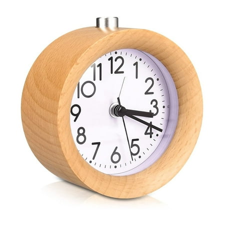 Analog Wood Alarm Clock with Snooze - Retro Clock with Dial Alarm Light - Quiet Vintage Wood Table Clock Without Light brown