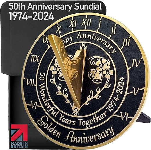 Anniversary Sundial Gift for 50th Golden Wedding Anniversary in 2024 - Recycled Metal Home Decor Or Garden Present Idea - Handmade in UK for Him, Her Parents Or Couples 50 Year Celebration