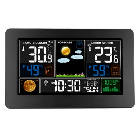 Anself 3-In-1 Weather Station Clock Wall-Mounted Digital Clock Thermometer Hygrometer Barometer Indoor Outdoor Color Screen Clock with RF Electronic Table Clock with Weather Forecast Calendar Moon