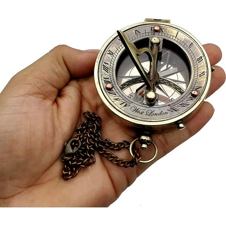 Antique Brass Sundial Compass Marine Boat Gift Pocket Sun Dial in Leather Display Box Nautical Marine Gift Sun Clock Pirate Ship Replica Watch Steampunk Accessory