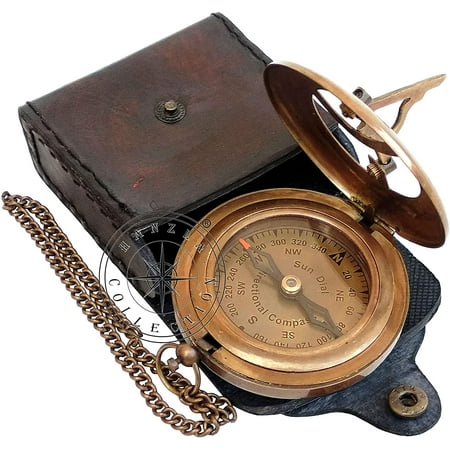 Antique Brass Sundial Compass with Leather Case and Chain - Push Open Compass - Steampunk Accessory - Beautiful Handmade Gift - Sundial Clock