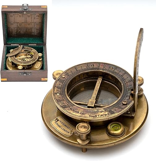 Antique Look Brass Vintage Sundial Compass with Wooden Box, Fully Functional Nautical Home Decor Ship Navigation Sailor Sundial Clock, Ideal Gift Item J.H.Steward Ltd. Strand London with Chart