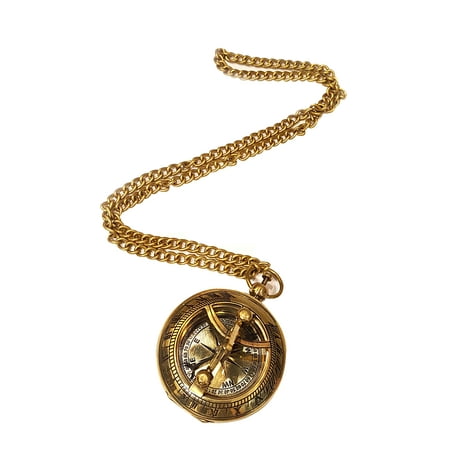 Antique Pocket Compass Shiny Brass Sundial Compass with Brass Chain Navigational Instrument Nautical Gift