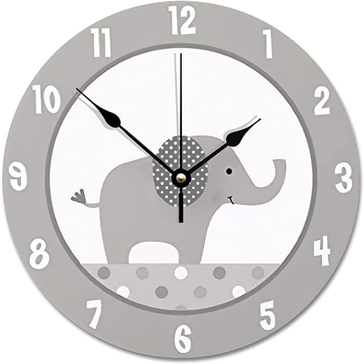 ArogGeld Gray and White Elephant Wall Clock Nursery Wood Clock 10 Inch Silent Non-Ticking Wooden Wall Clocks Battery Operated Living Room Bedroom Kitchen Farmhouse Decor Christmas Birthday Gift