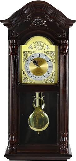 Bedford Clock Collection 25.5 Inch Antique Mahogany Cherry Oak Chiming Wall Clock with Roman Numerals , Brown