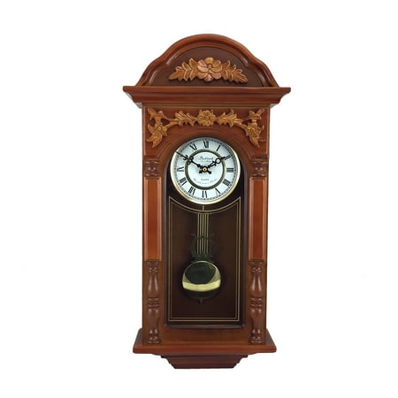 Bedford Clock Collection 27.5 Antique Chiming Wall Clock with Roman Numerals in a Padauk Oak Finish