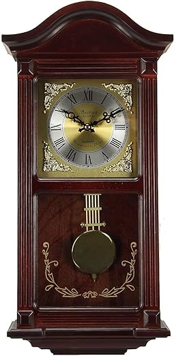 Bedford Clock Collection BED1423MAH Small Wood Wall Clock with Brass Pendulum and 4 Chimes, 22 Inch, Mahogany Cherry Oak