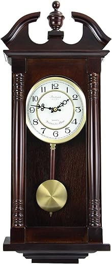 Bedford Clock Collection Classic Chiming Wall Clock with Swinging Pendulum in Cherry Oak Finish, 4.75 L x 11.75 W x 27.50 H