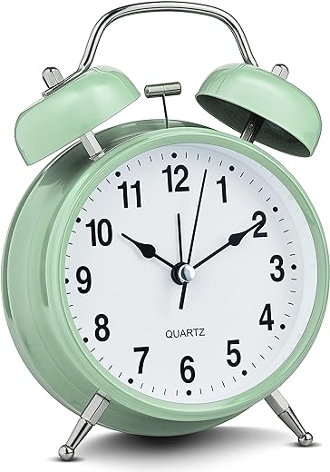 Bernhard Products Analog Alarm Clock 4" Twin Bell Green Silent Non-Ticking Quartz Battery Operated Extra Loud with Backlight for Bedside Table Vintage Retro Style, Decorative Desk Clocks (Pistachio)