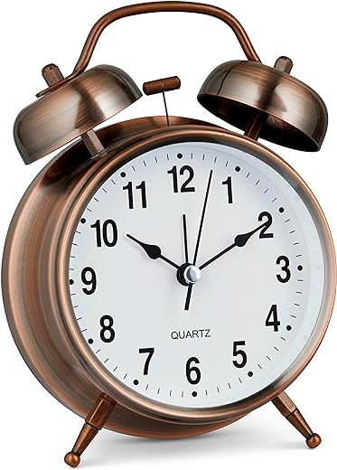 Bernhard Products Analog Alarm Clock Twin Bell Retro Copper Metal 4 Extra Loud Quartz Battery Operated with Backlight for Bedside Table Vintage Silent Non-Ticking Old fashioned Decorative Desk Clocks