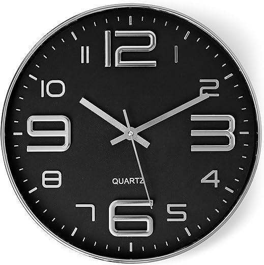 Bernhard Products Black Wall Clock 12 Inch Stylish Modern Silver Silent Non-Ticking Quartz Battery Operated Round 3D Decorative Design for Home/Office/Kitchen/Bedroom/Living Room, Easy to Read