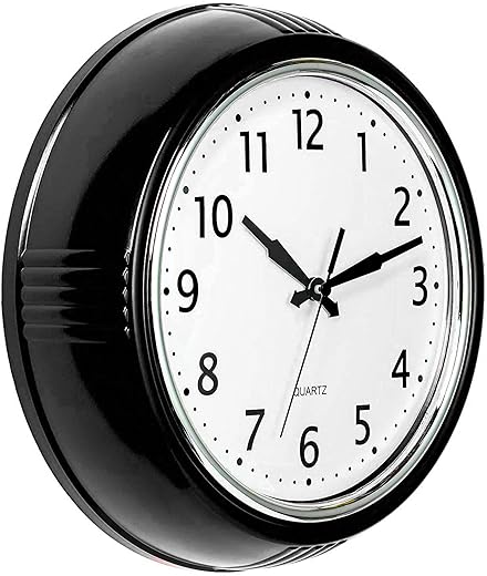 Bernhard Products Black Wall Clock Retro Silent Non Ticking 9.5 Inch Round Battery Operated Quality Quartz Easy to Read for Home Kitchen Office Classroom School Clocks Sweep Movement Vintage Décor